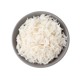 Photo of Delicious rice in bowl isolated on white, top view