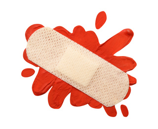 Photo of Clay blood stain and sticking plaster isolated on white, top view