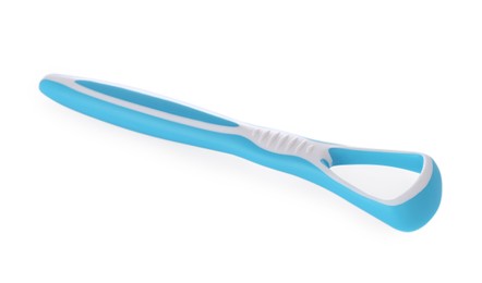 Photo of One light blue tongue cleaner isolated on white. Dental care