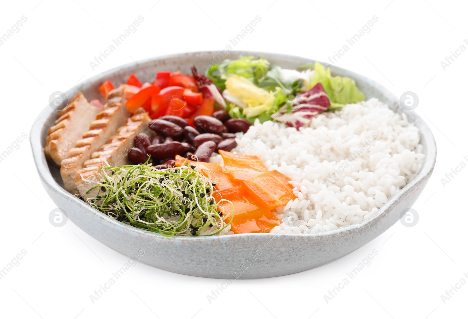 Photo of Tasty rice with beans, vegetables and meat isolated on white