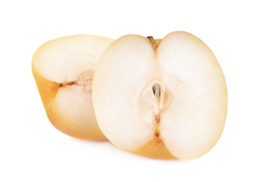 Photo of Cut fresh apple pear on white background
