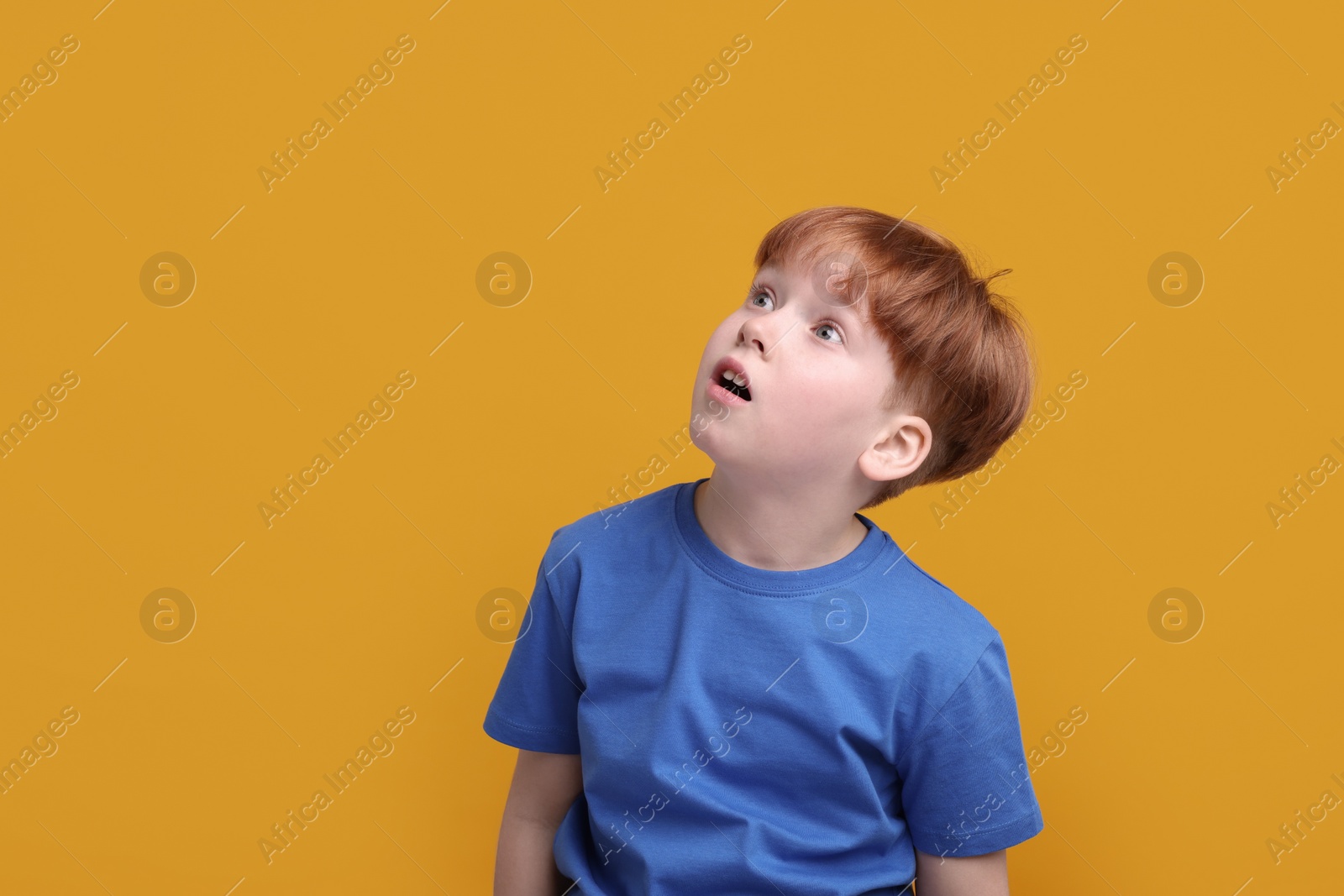 Photo of Portrait of surprised little boy on orange background, space for text