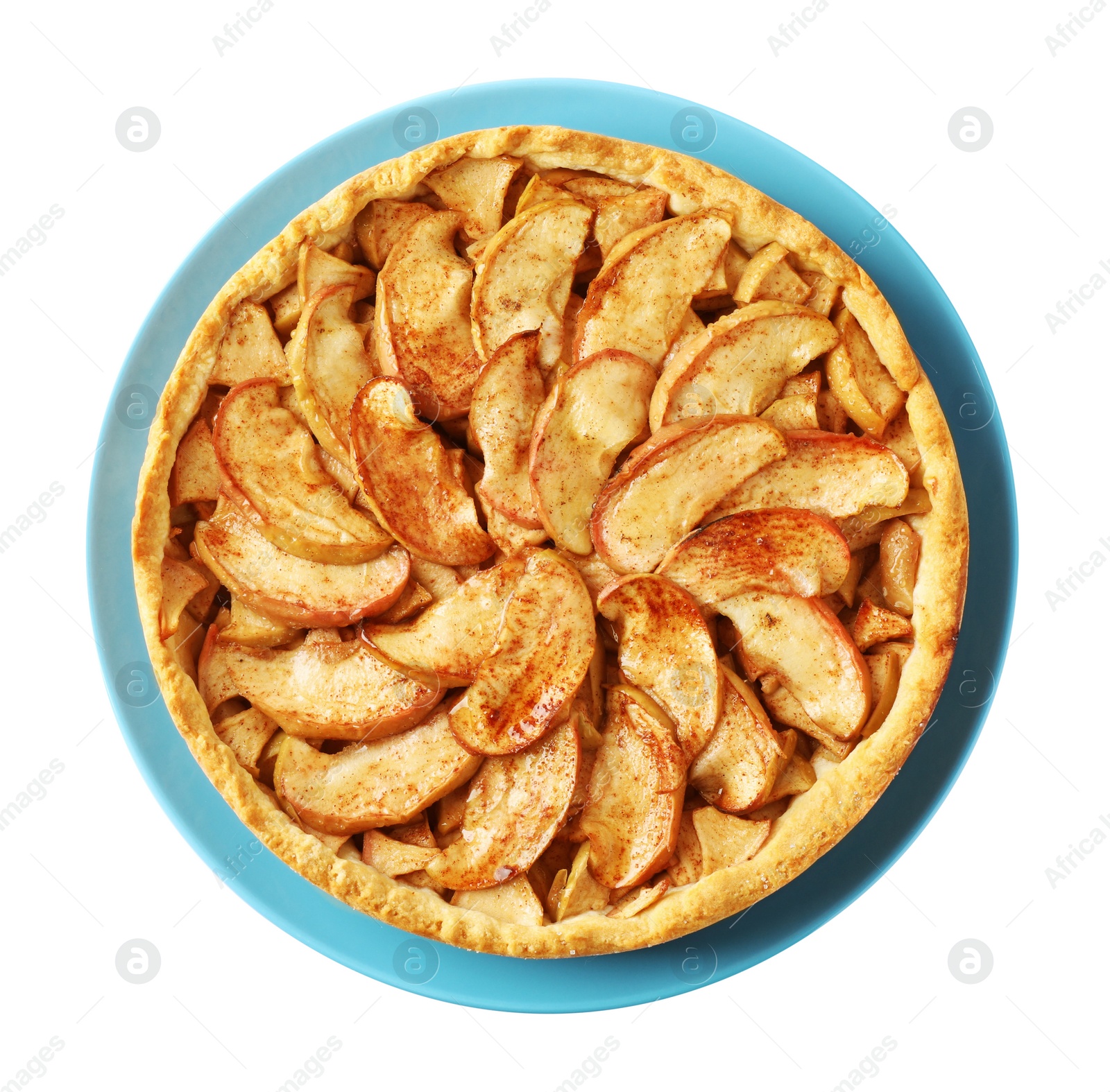 Photo of Delicious apple pie isolated on white, top view