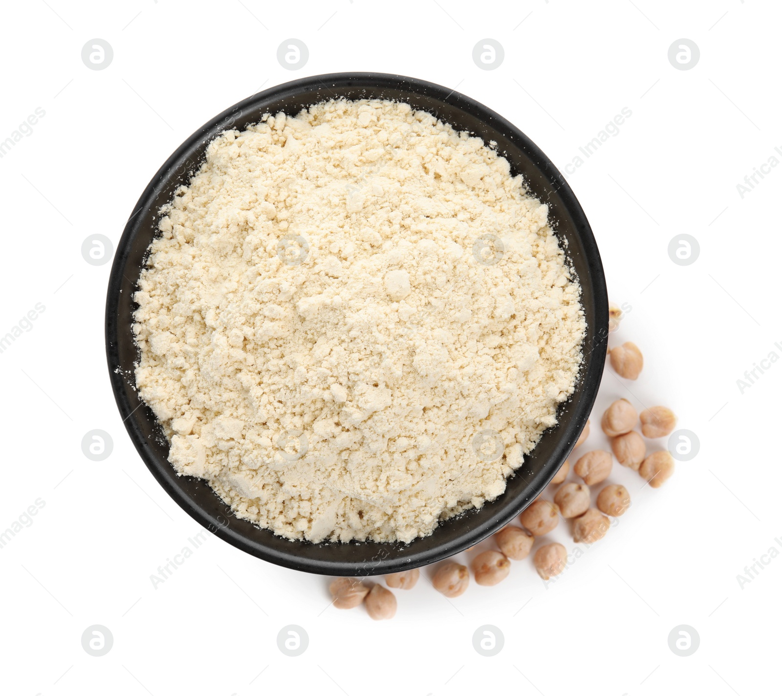 Photo of Chickpea flour in bowl and seeds isolated on white, top view