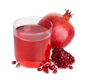 Photo of Refreshing pomegranate juice in glass, seeds and fruit isolated on white