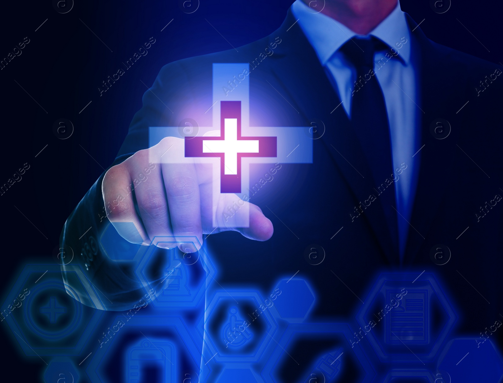 Image of Man pressing virtual first aid button on blue background, closeup. Emergency help