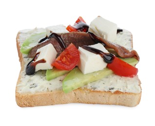 Delicious sandwich with anchovy, cheese, tomato and sauce on white background