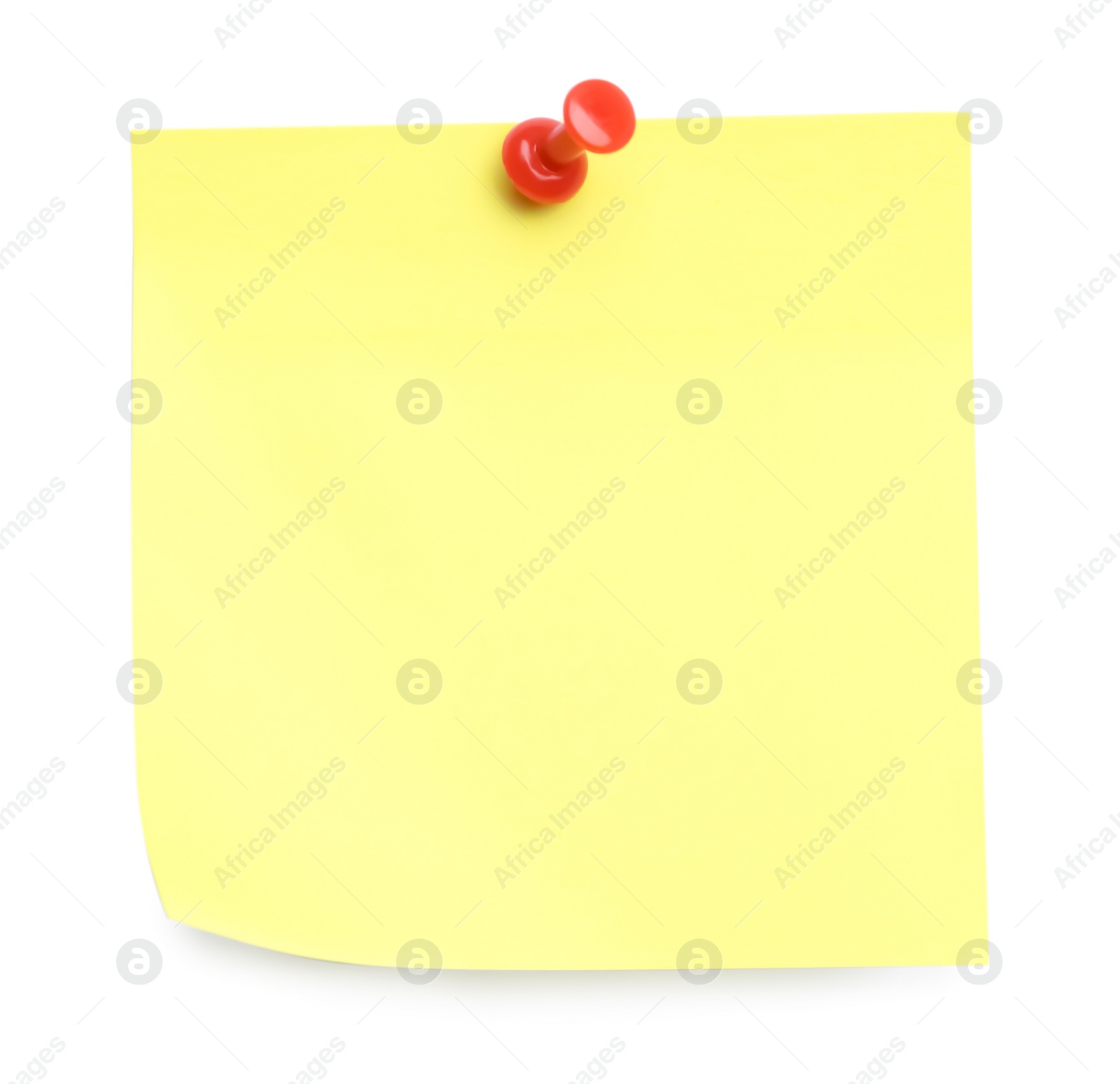 Photo of Blank yellow note pinned on white background, top view