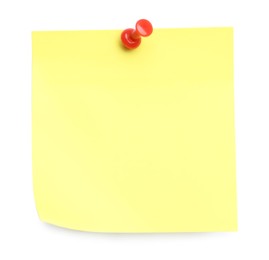 Photo of Blank yellow note pinned on white background, top view