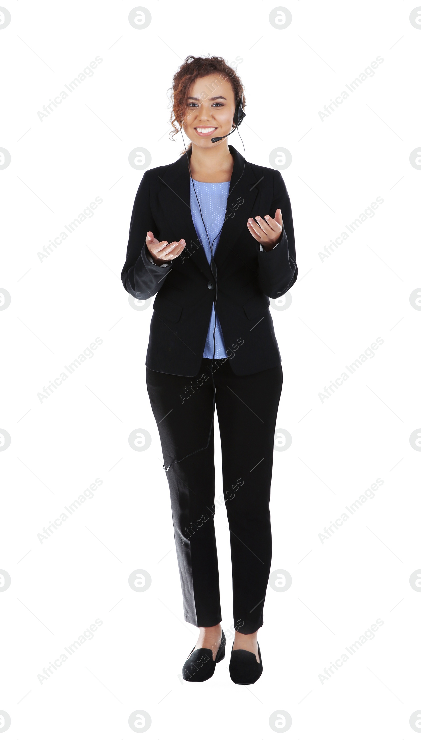 Photo of African-American technical support operator with headset isolated on white