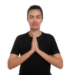 African American woman with clasped hands praying to God on white background