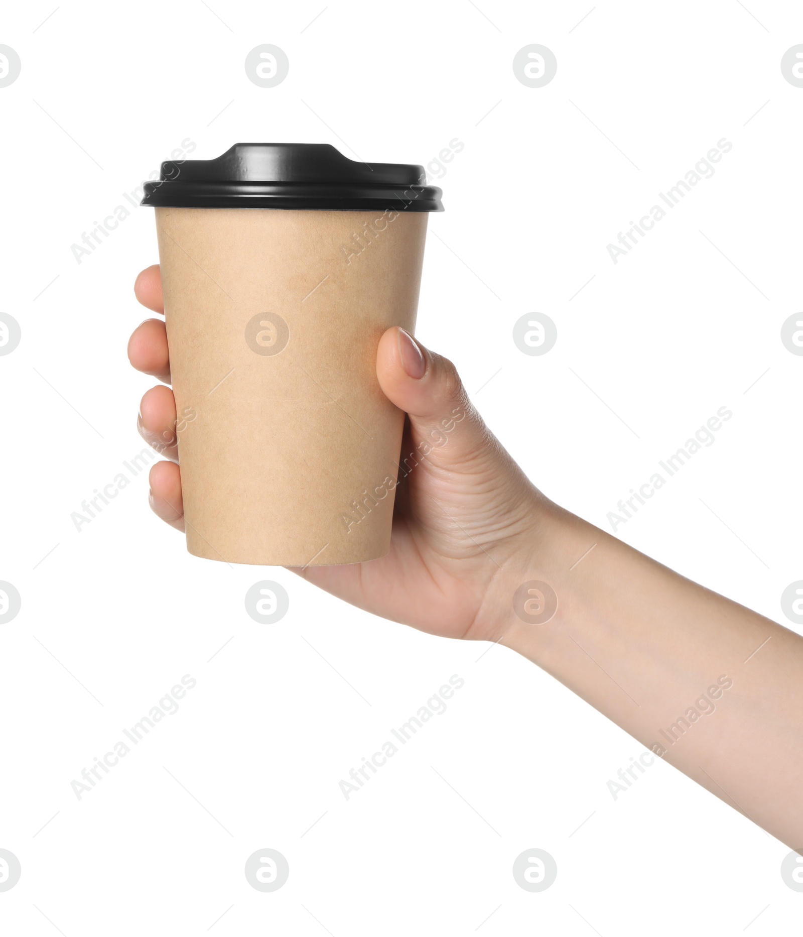 Photo of Woman holding paper cup of tasty drink on white background. Coffee to go