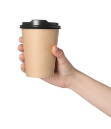 Woman holding paper cup of tasty drink on white background. Coffee to go