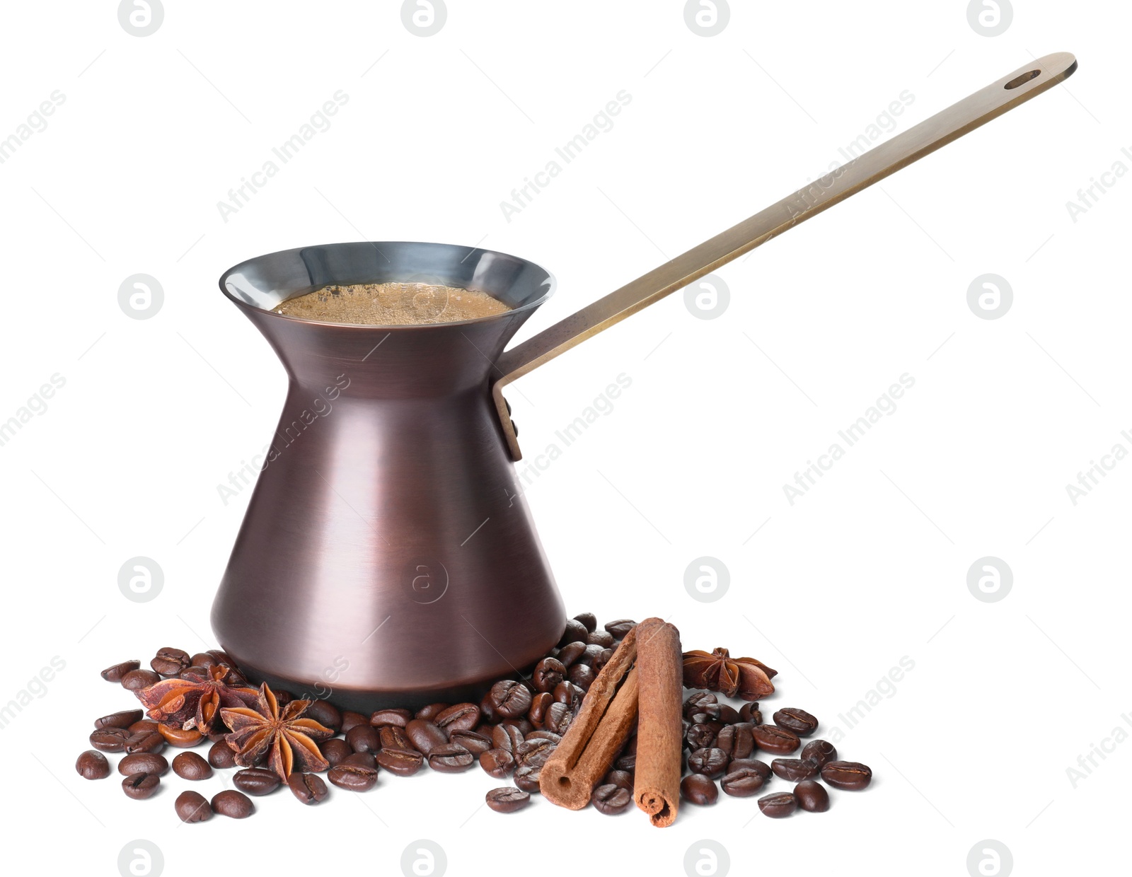 Photo of Hot turkish coffee pot, beans and spices on white background