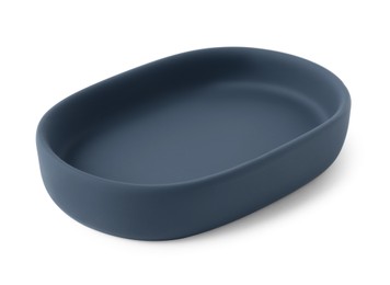 Photo of Bath accessory. Dark blue ceramic soap dish isolated on white
