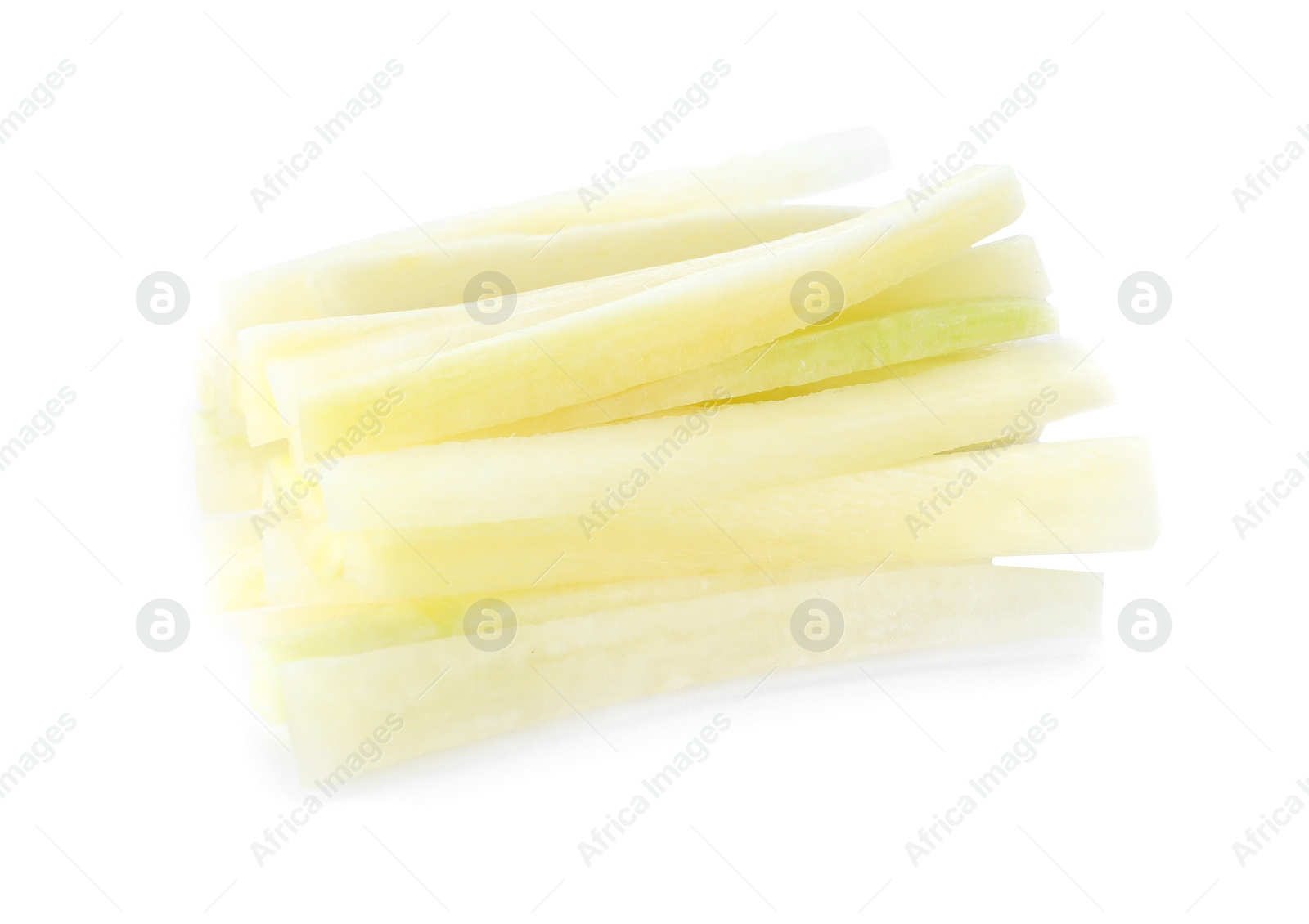 Photo of Tasty raw carrot sticks isolated on white