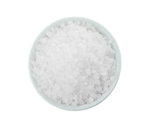 Natural sea salt in bowl isolated on white, top view