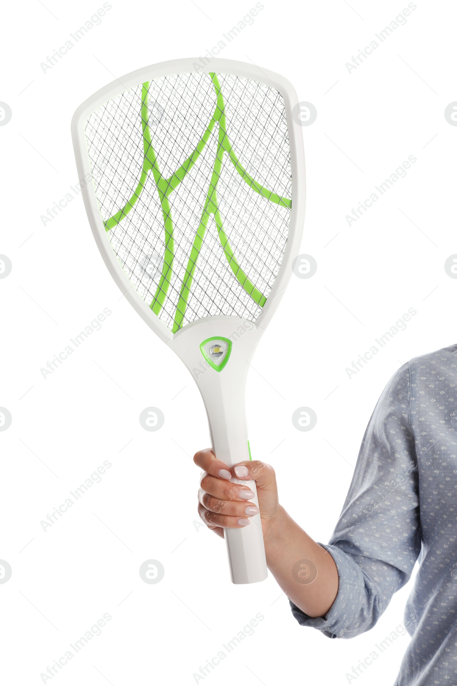 Photo of Woman with electric fly swatter on white background, closeup. Insect killer