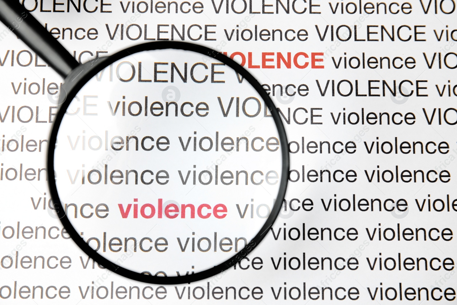 Photo of Word VIOLENCE under magnifying glass on white background, top view