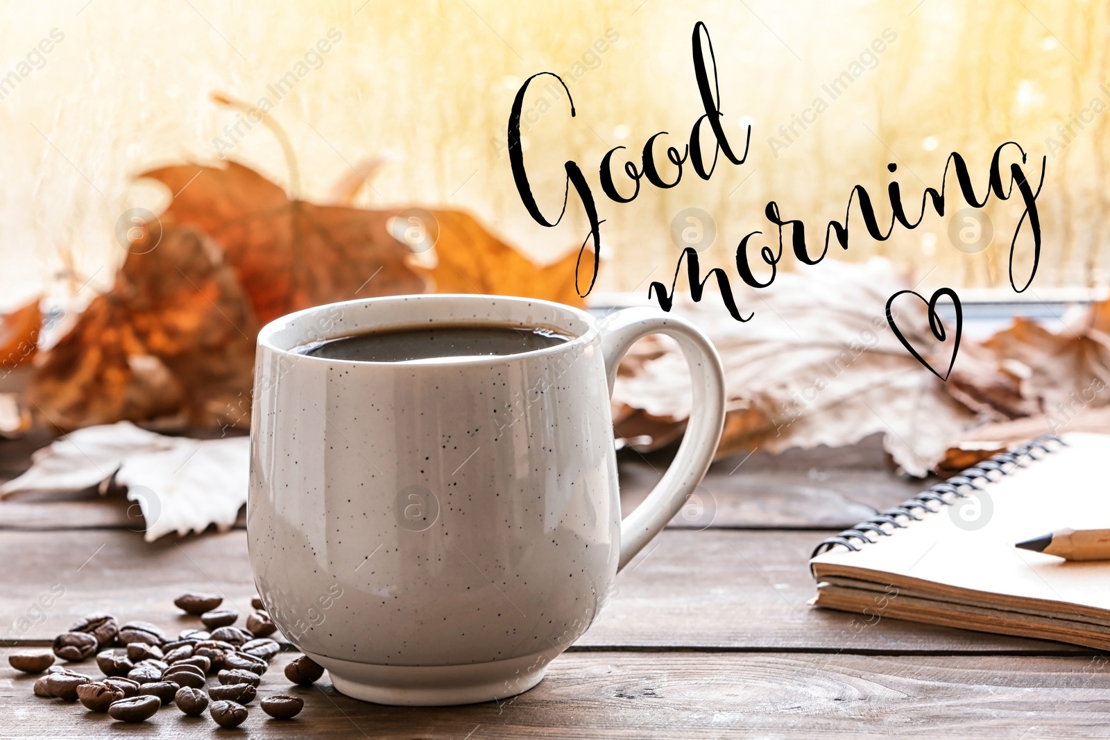 Image of Composition with cup of hot drink and autumn leaves on windowsill. Good morning 