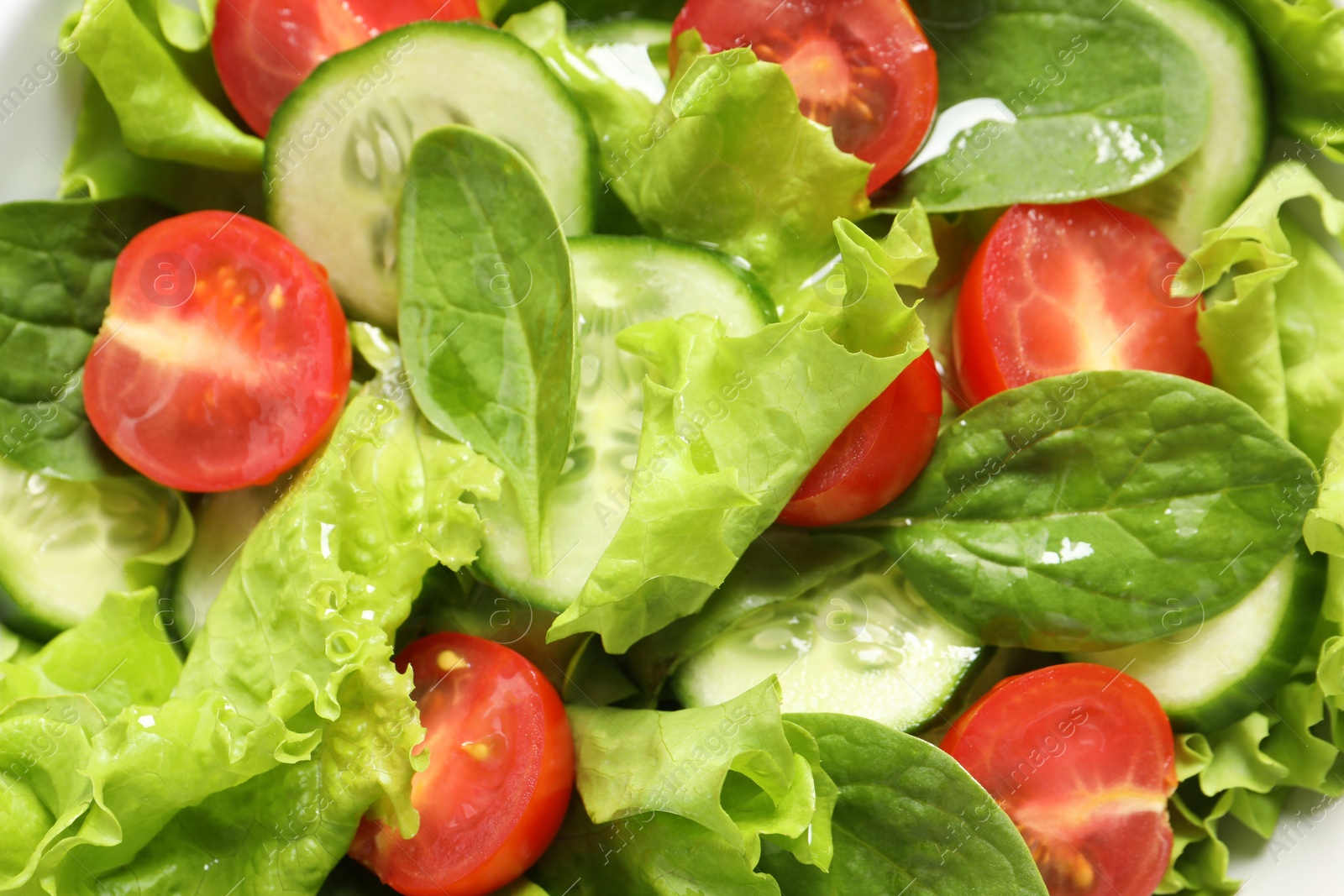 Photo of Delicious vegetable salad on white background, top view