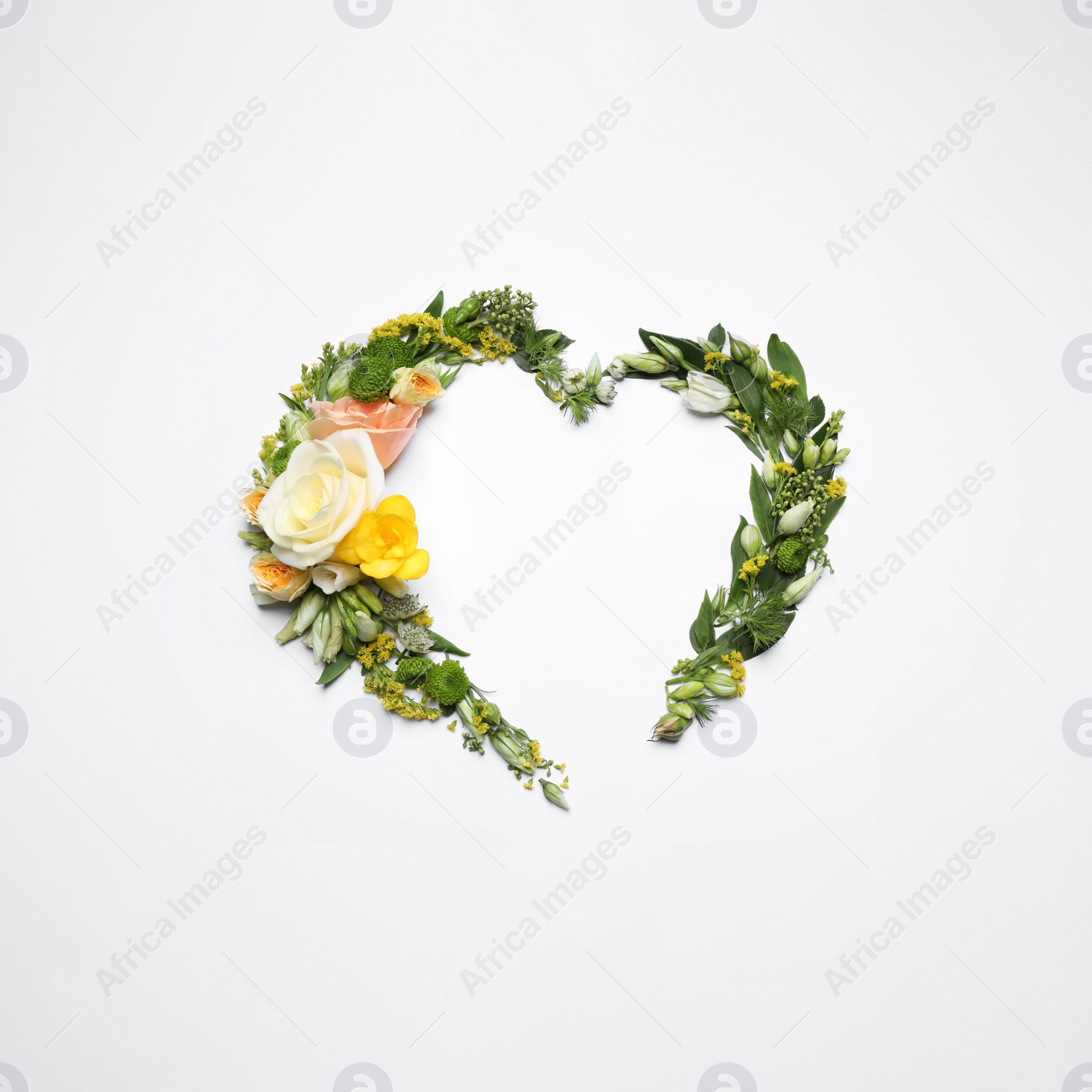 Photo of Beautiful heart shaped floral composition on light background, flat lay