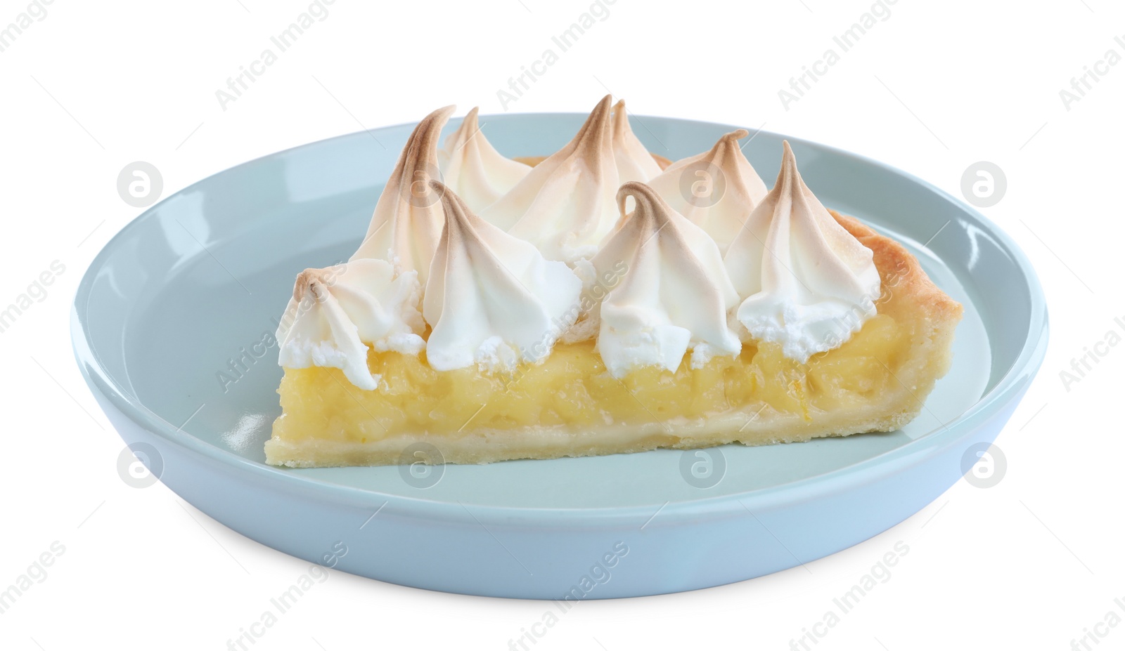 Photo of Piece of delicious lemon meringue pie with plate isolated on white