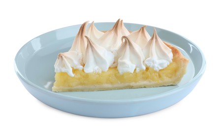 Photo of Piece of delicious lemon meringue pie with plate isolated on white