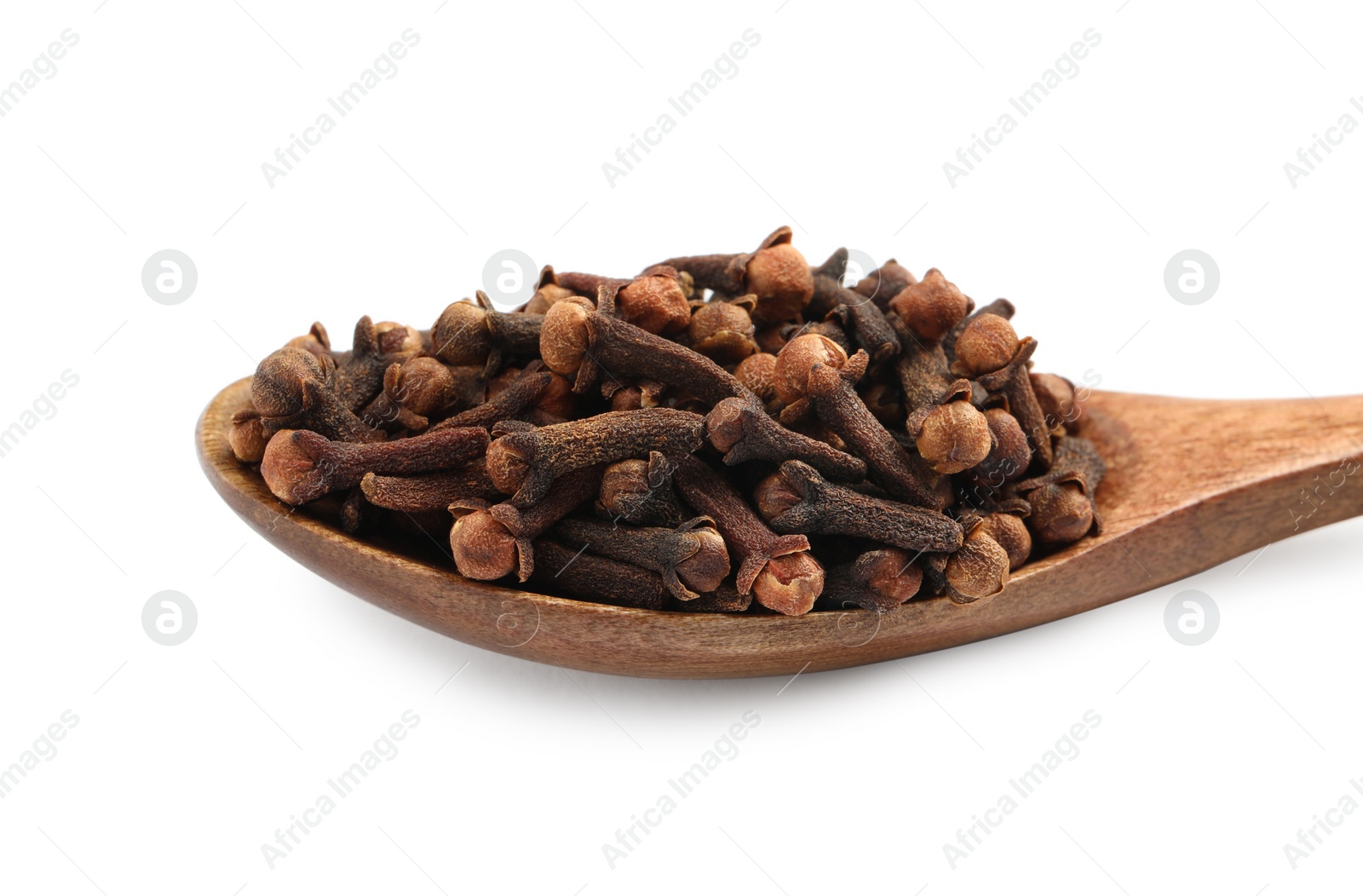 Photo of Wooden spoon with aromatic dry cloves isolated on white, closeup