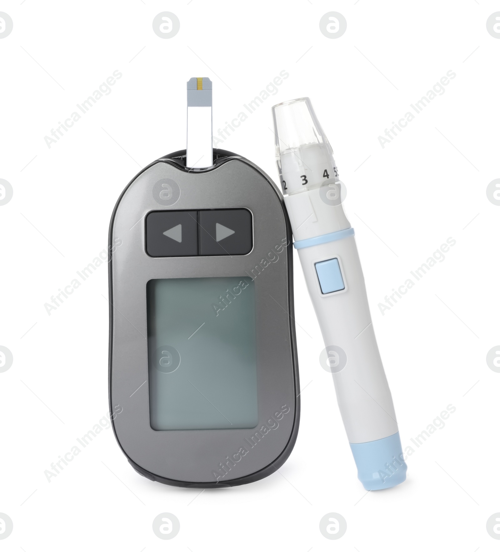 Photo of Digital glucometer and lancet pen on white background