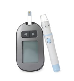 Photo of Digital glucometer and lancet pen on white background