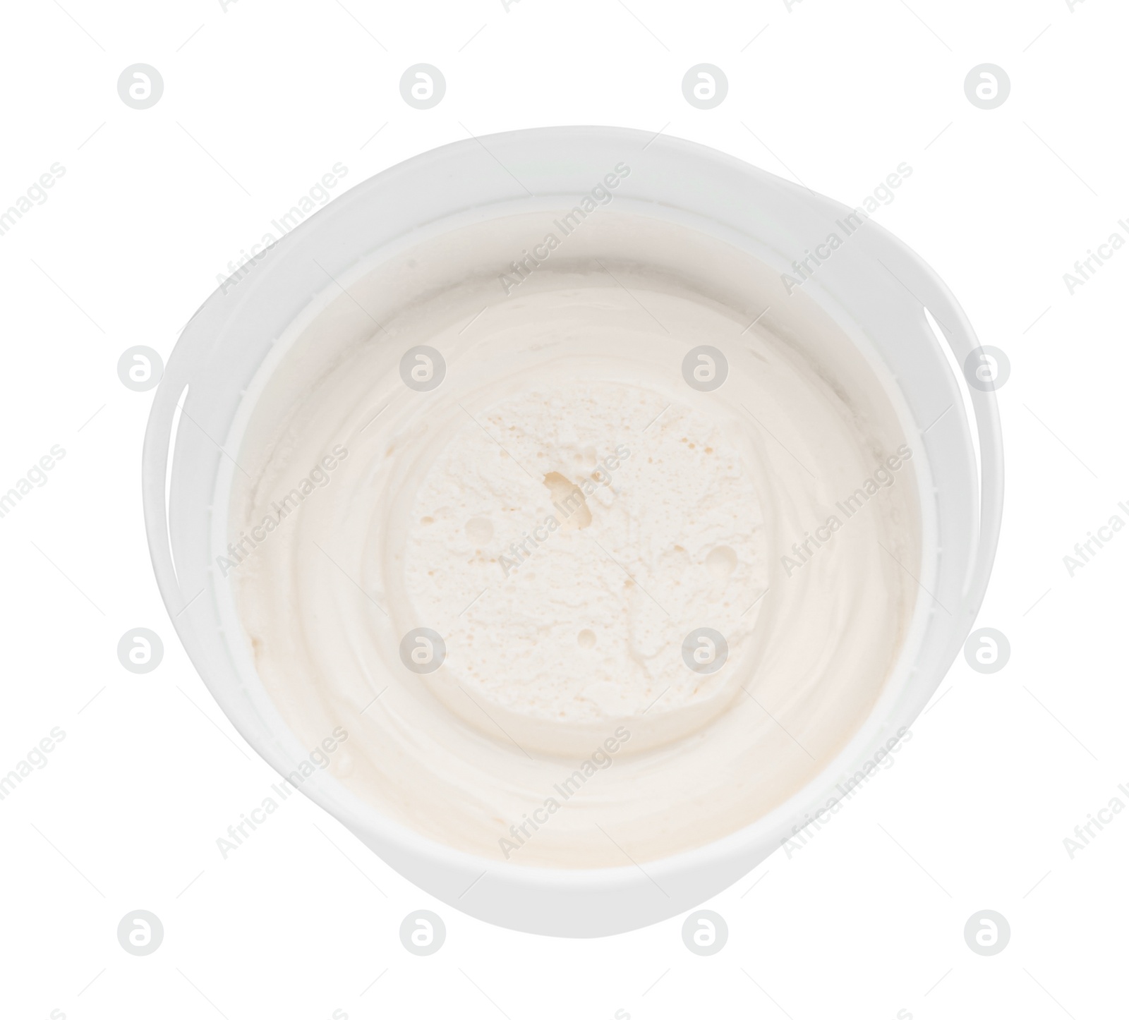 Photo of Container with tasty cream cheese isolated on white