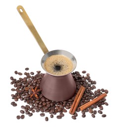 Photo of Hot turkish coffee pot, beans and spices on white background