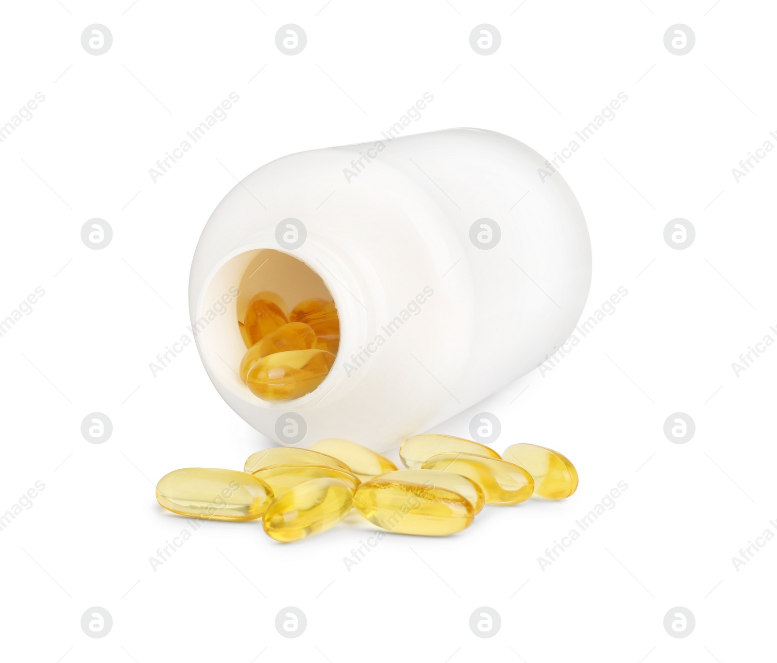 Photo of Jar and vitamin capsules isolated on white