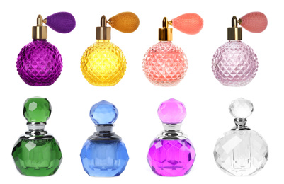 Image of Set with different bottles of perfume on white background