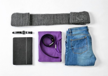 Photo of Flat lay set of stylish male clothes and accessories on white background