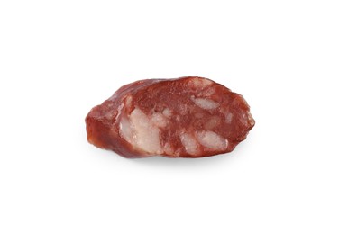 Photo of Piece of thin dry smoked sausage isolated on white, top view