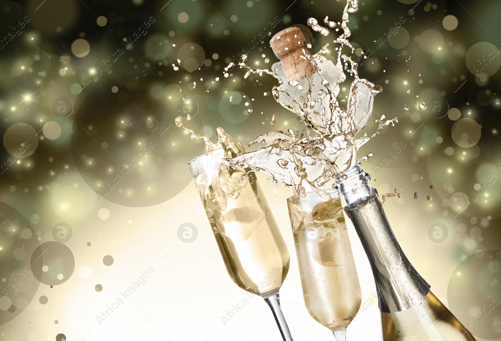 Image of Sparkling wine splashing out of bottle and glasses on color background, bokeh effect