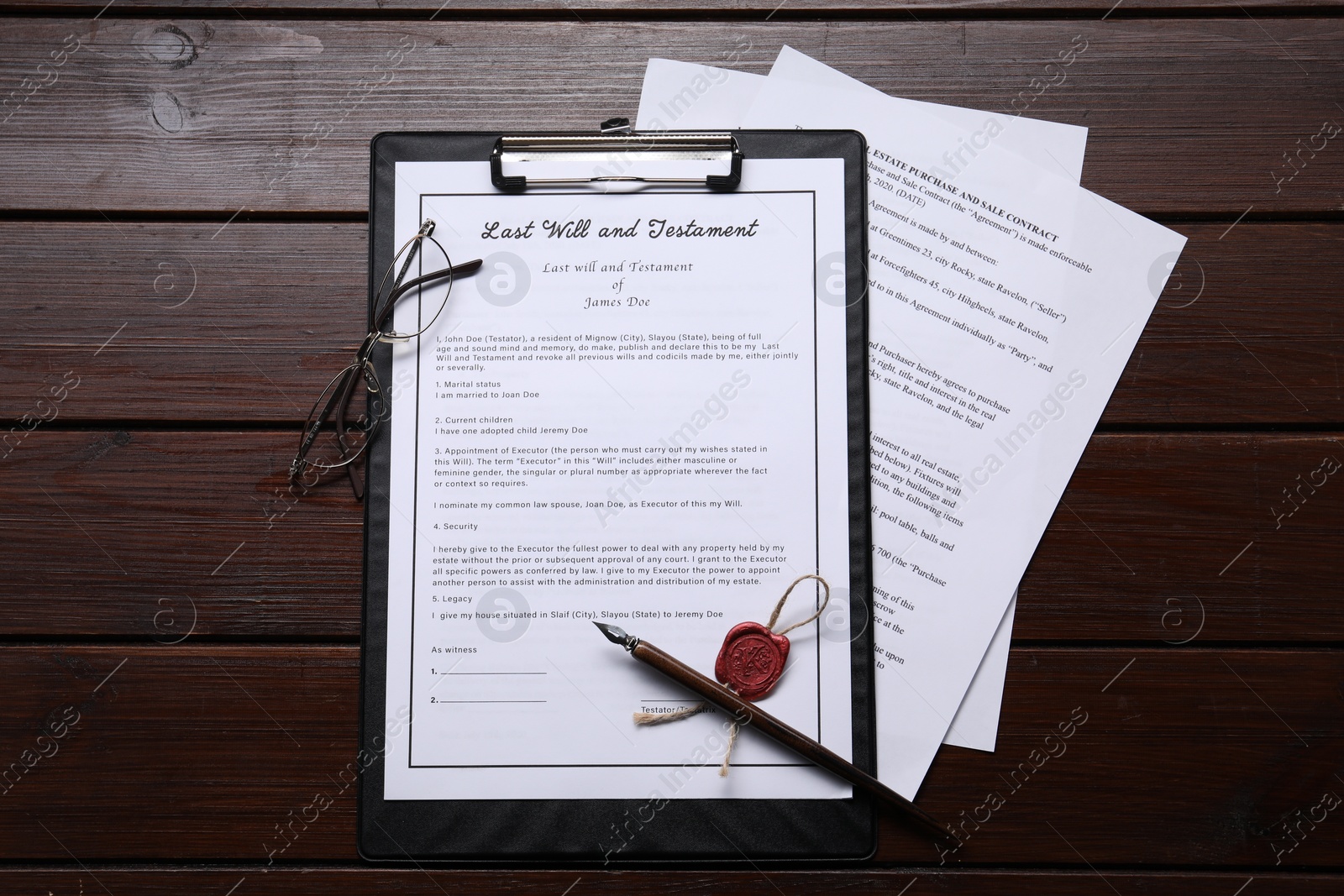 Photo of Last Will and Testament with wax seal, glasses and pen on wooden table, flat lay