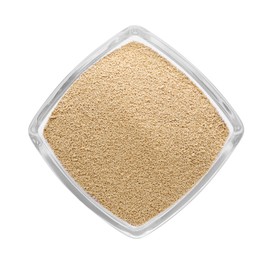 Bowl of active dry yeast isolated on white, top view