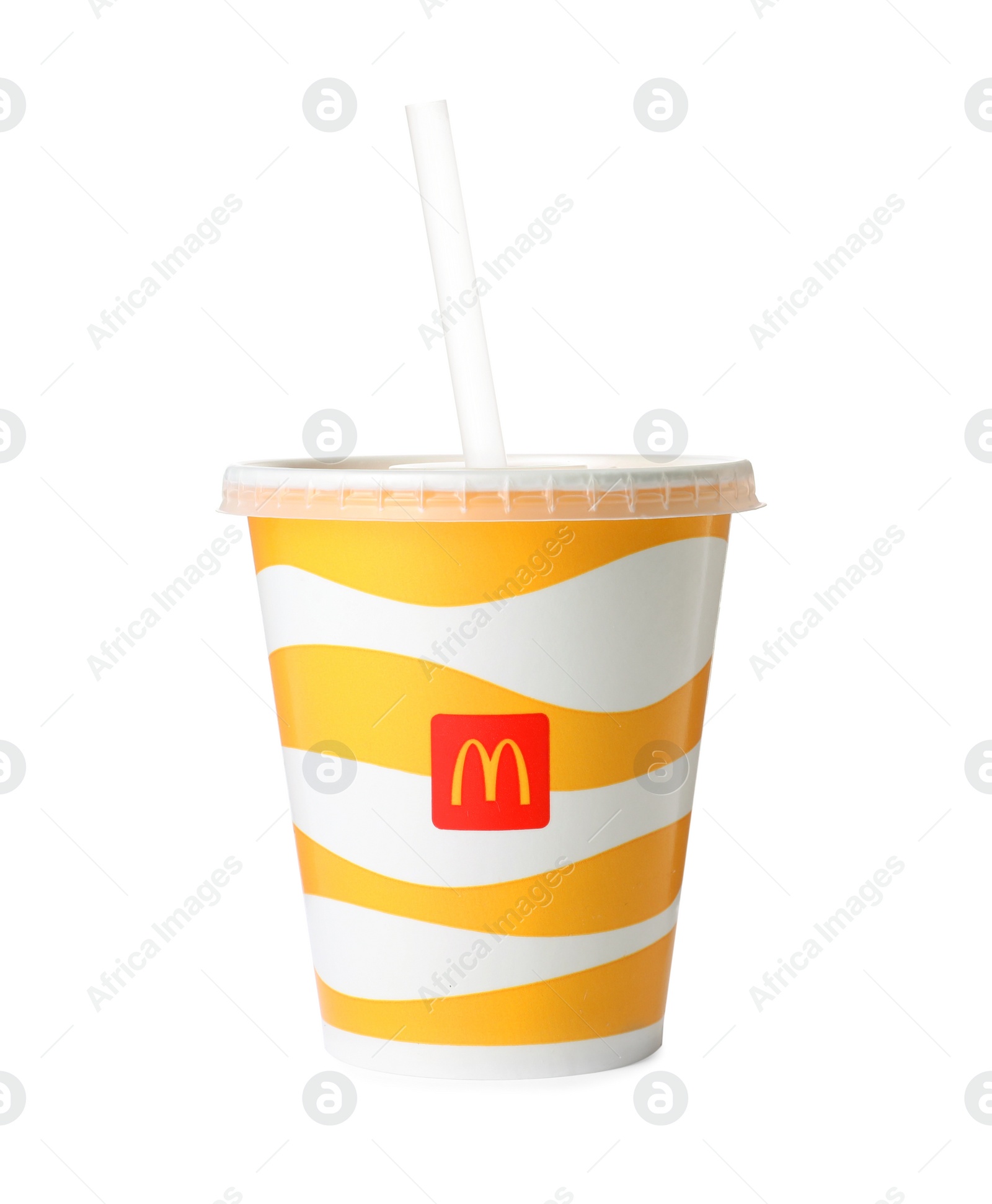 Photo of MYKOLAIV, UKRAINE - AUGUST 11, 2021: Cold McDonald's drink isolated on white