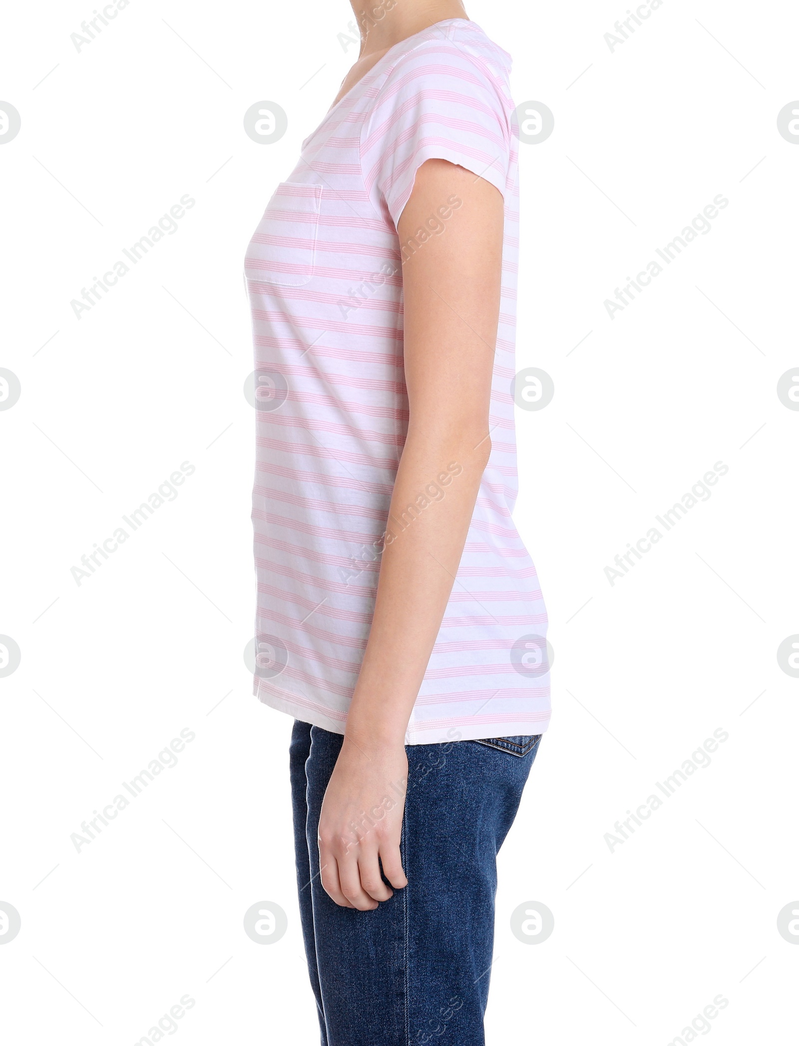 Photo of Young slim woman on white background, closeup. Weight loss