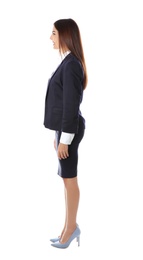 Photo of Full length portrait of businesswoman on white background