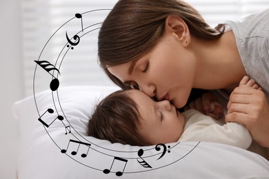 Image of Lullaby songs. Mother kissing her baby at home. Illustration of flying music notes around woman and child