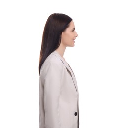 Photo of Young businesswoman in suit standing on white background