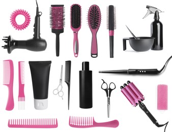 Image of Set with professional hairdresser tools and cosmetic products on white background