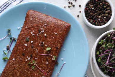 Photo of Fresh raw vegan mince and spices on white table, flat lay