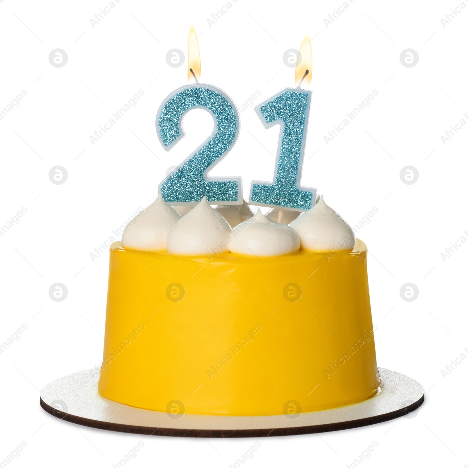 Photo of 21st birthday. Delicious cake with number shaped candles for coming of age party isolated on white