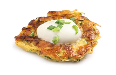 Photo of Delicious zucchini fritter with sour cream and onion isolated on white
