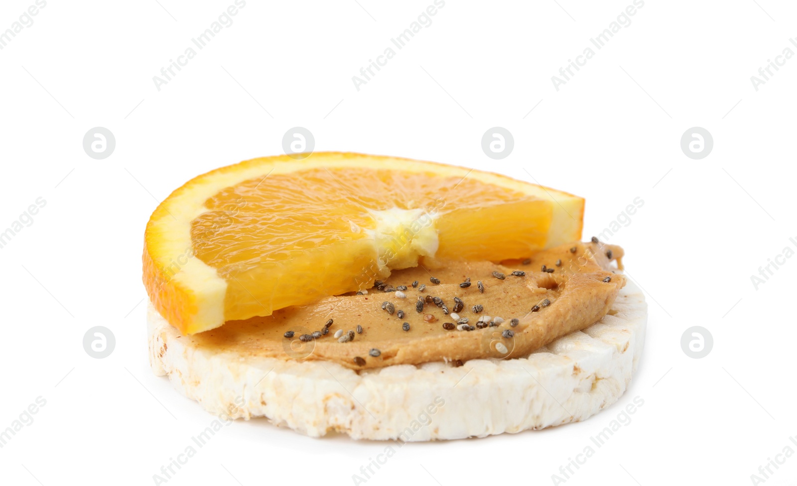 Photo of Puffed rice cake with peanut butter and orange isolated on white